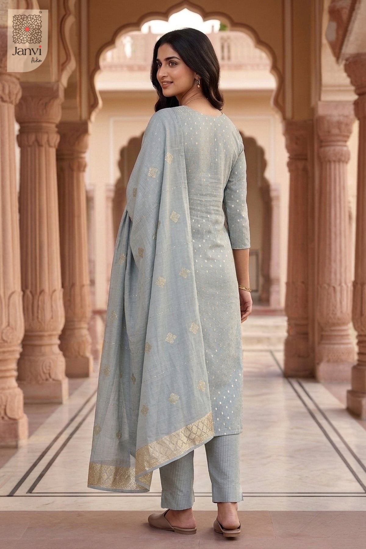 Moonstone Majesty Embroidered V Neck Kurta
