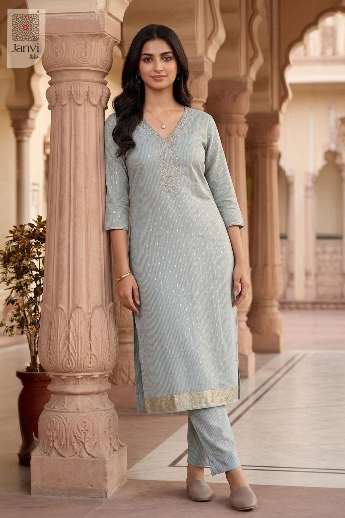 Moonstone Majesty Embroidered V Neck Kurta