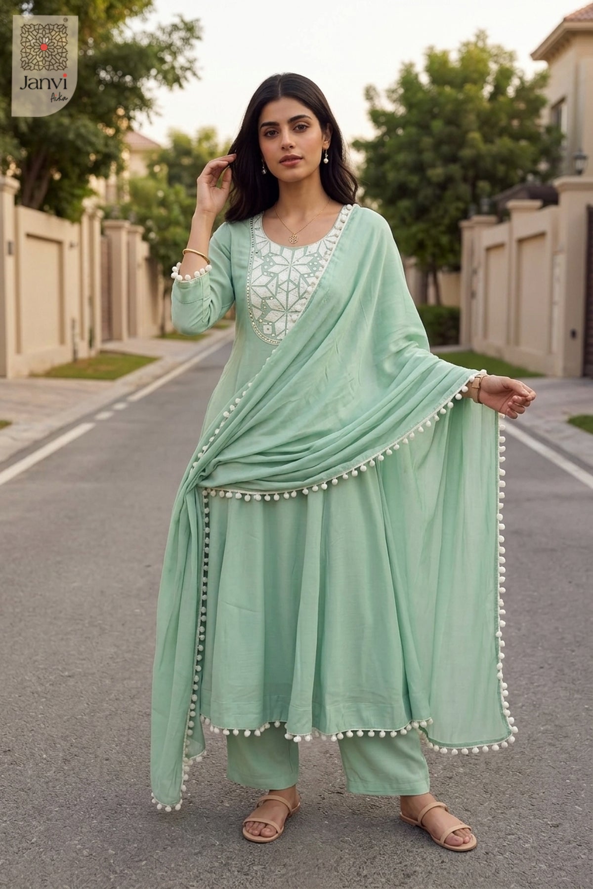 Outdoor pose displaying pom pom tassel borders on a soft cyan churidar set with dupatta.