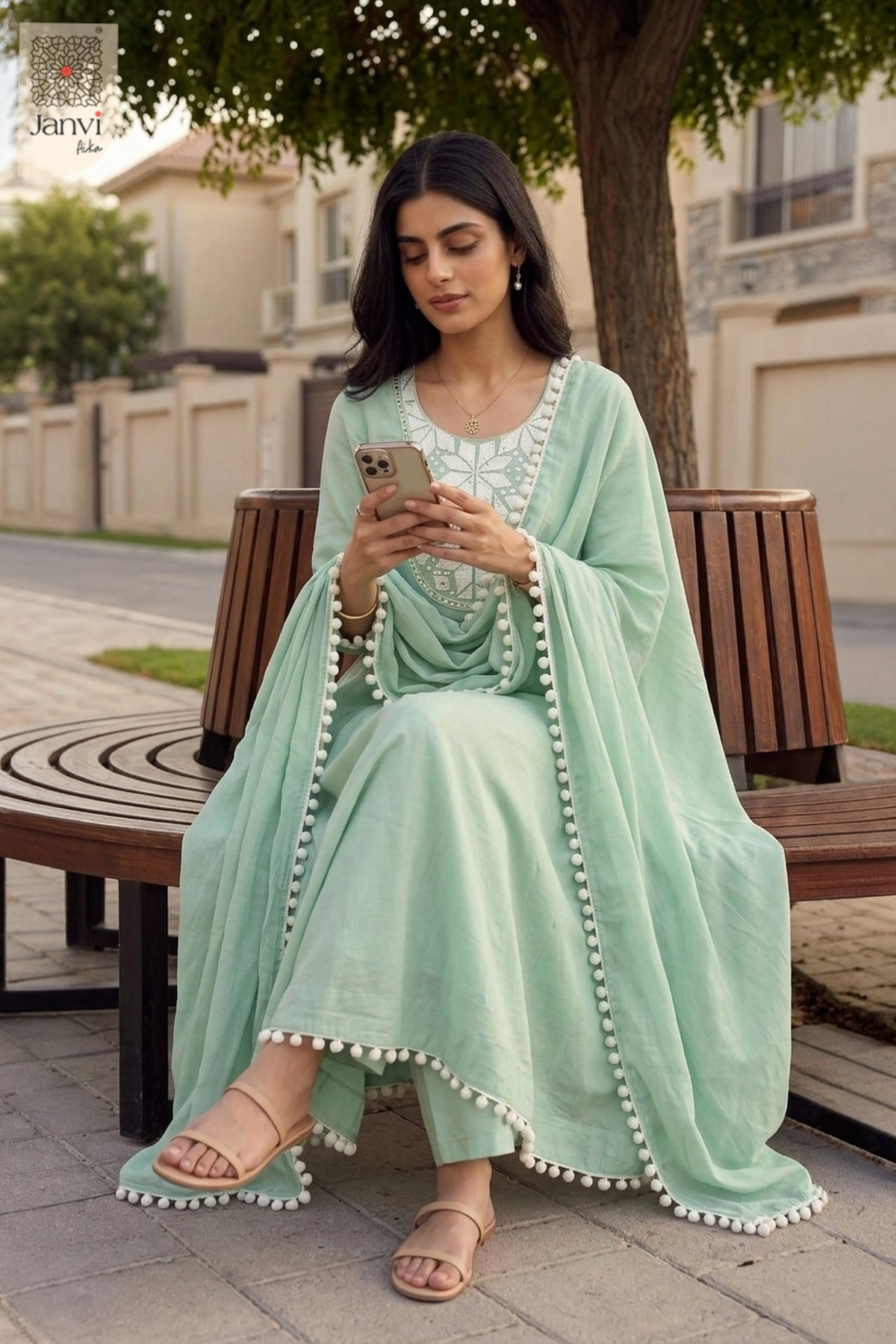 Seated outdoor bench pose holding a smartphone wearing a soft cyan chudidar set.