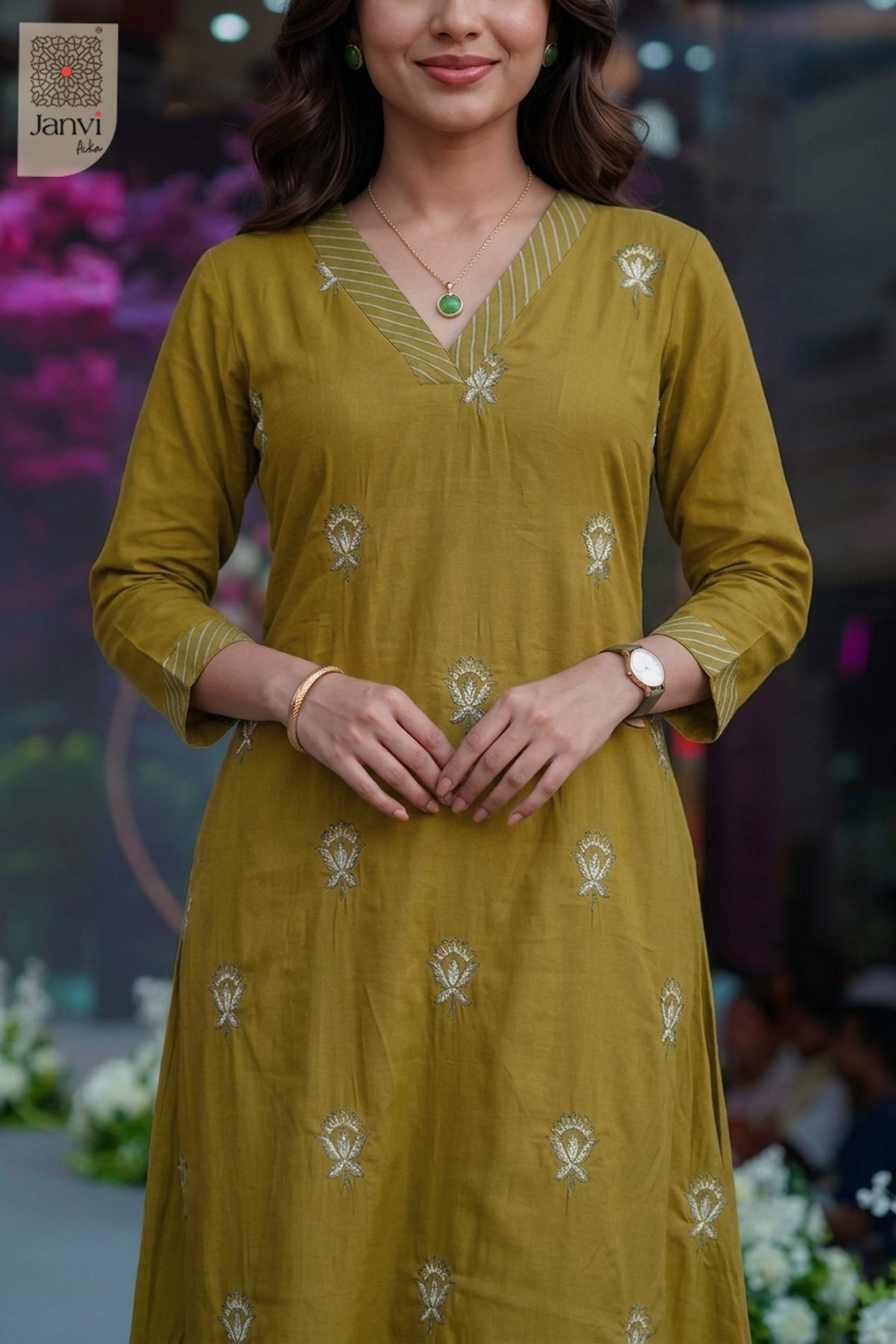 Front close up portrait of intricate leaf embroidery on a green indo western kurti.