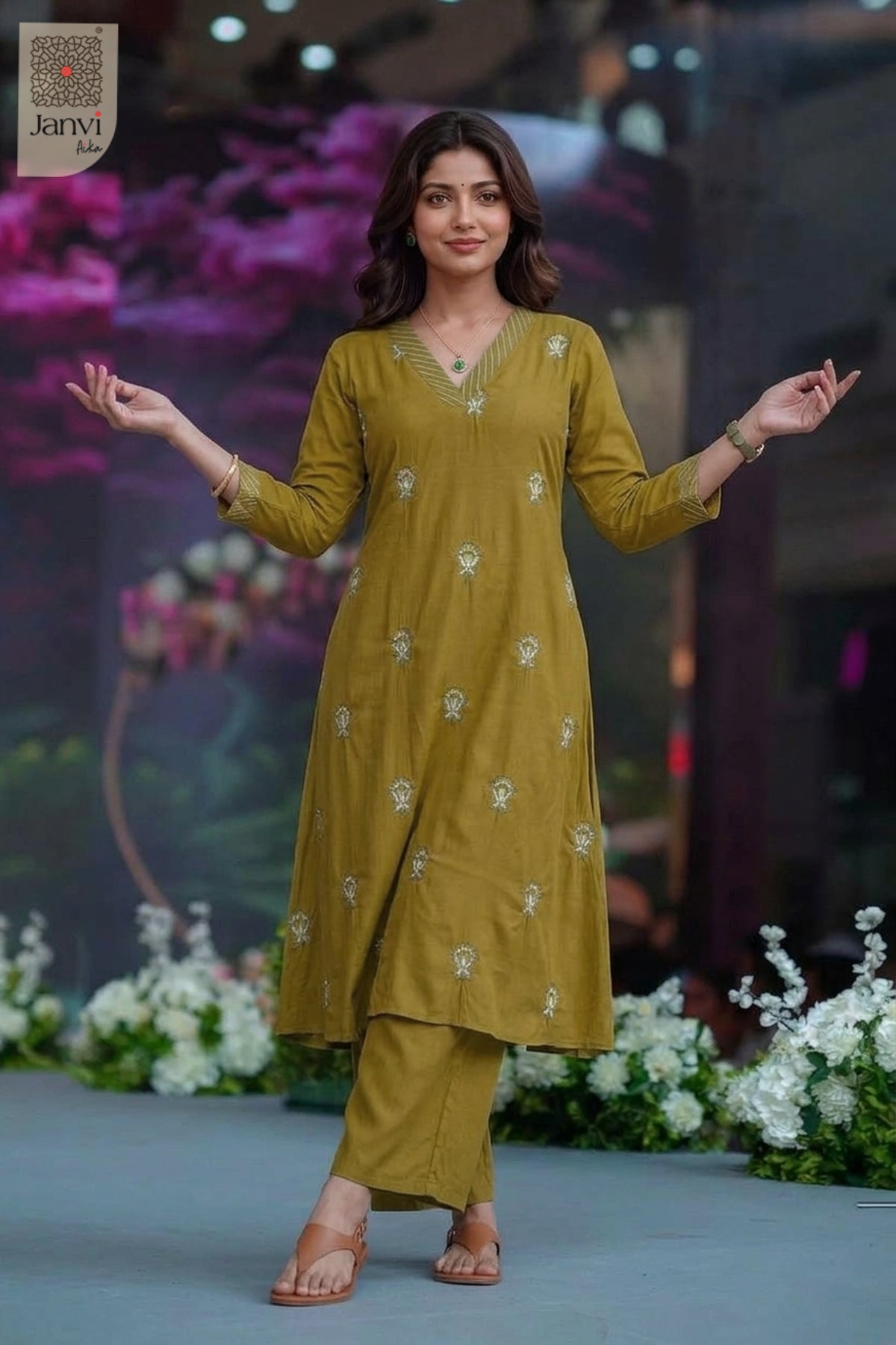 Mid length studio pose with arms outstretched in chic green indo western outfits for women.