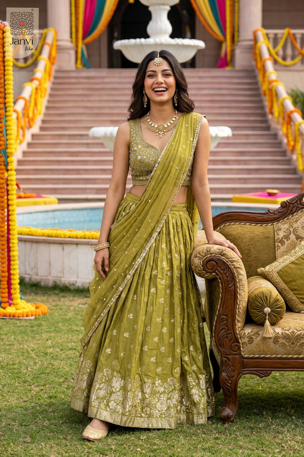 Moss Petal Glow Crop Top Lehenga