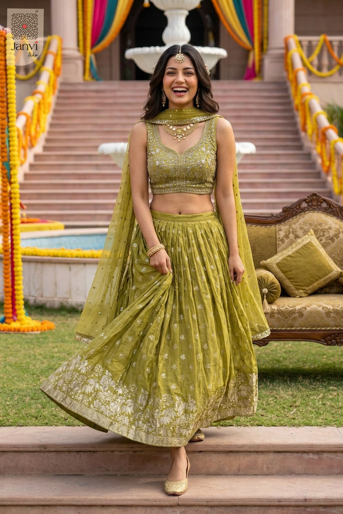 Moss Petal Glow Crop Top Lehenga