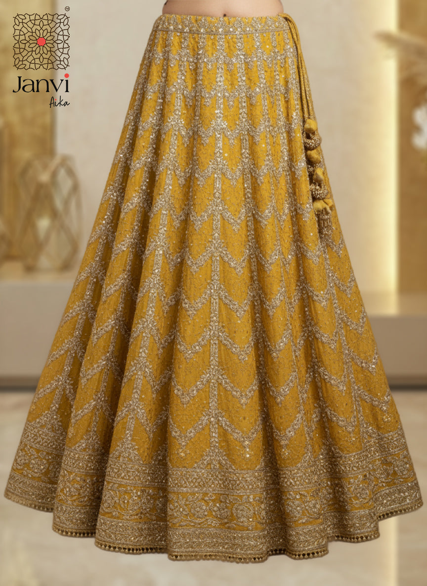 Mustard Gold Sequin Georgette Lehenga Set
