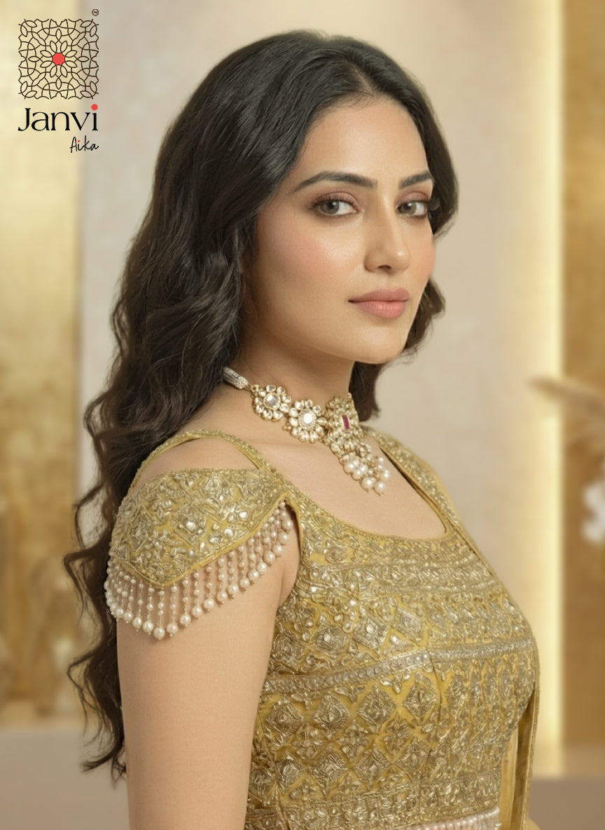 Mustard Gold Sequin Georgette Lehenga Set