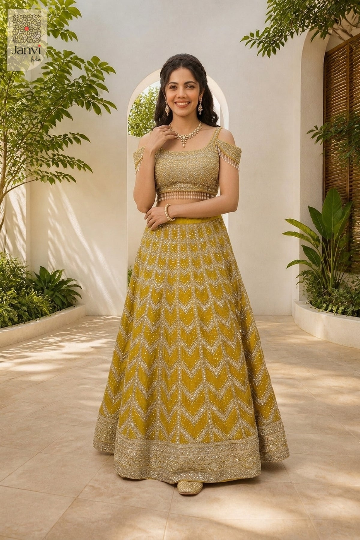 Front full standing shot of a beautiful mustard gold georgette from where to buy lehenga online.