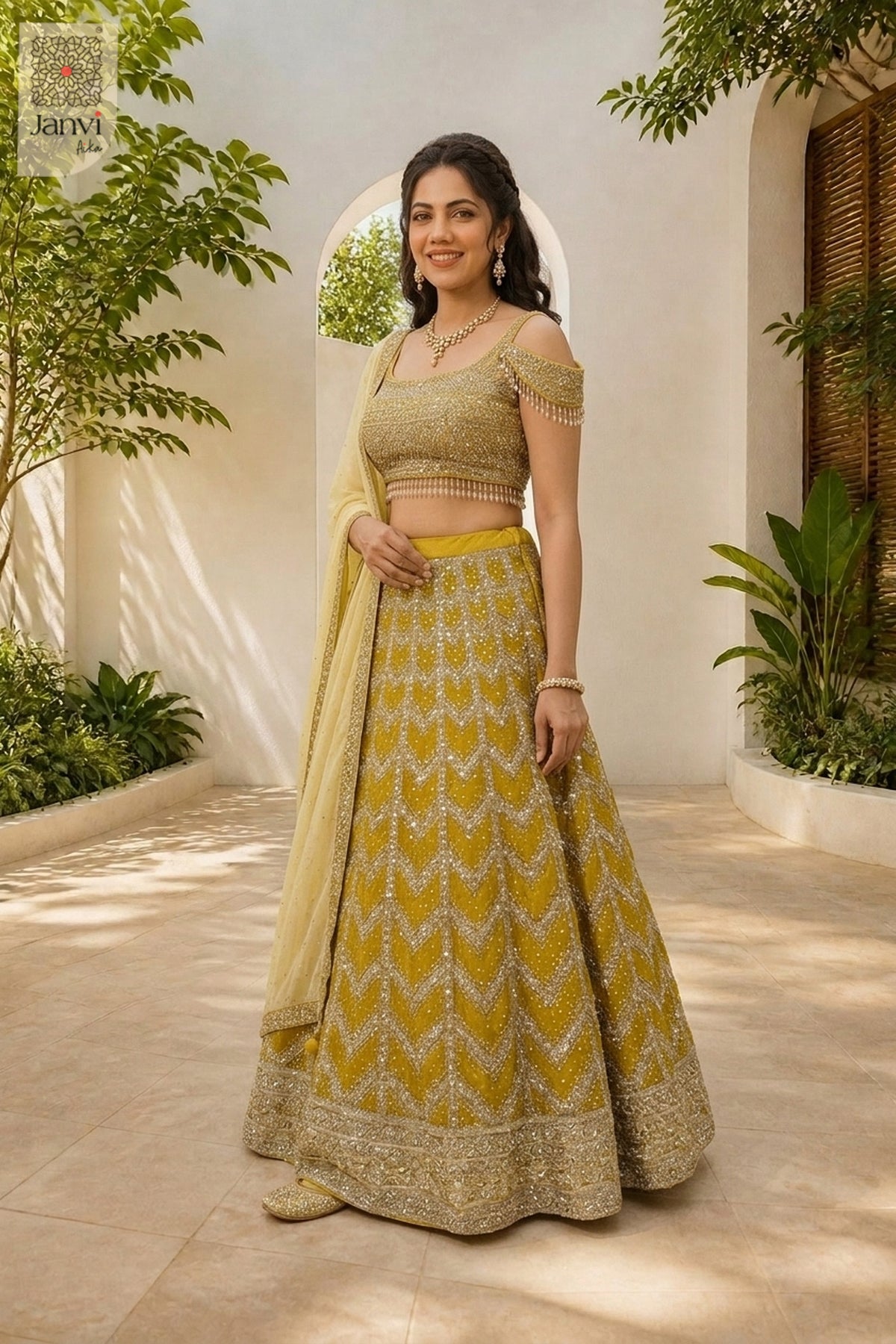 Stunning mustard gold georgette and net formal lehenga with an exquisite standing side profile shot.