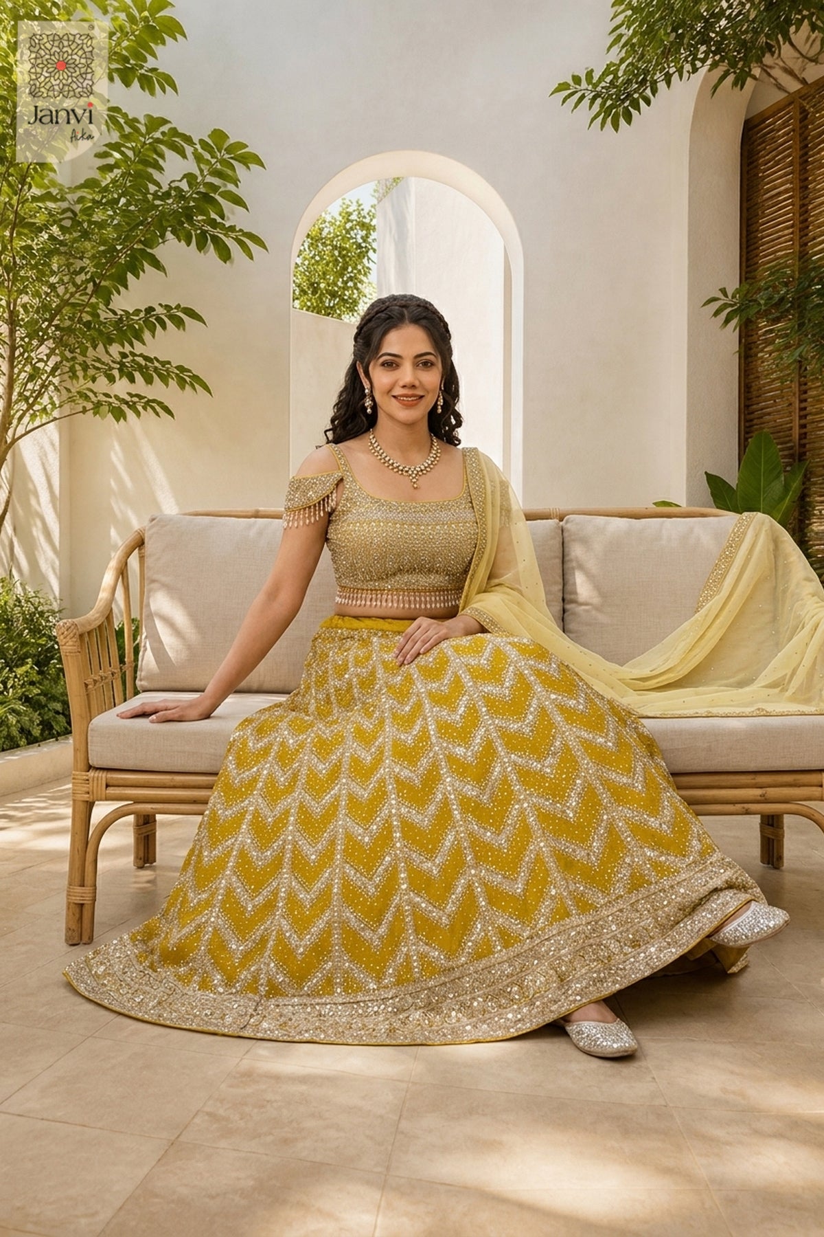 Front full sitting shot of a classic mustard gold georgette and net south lehenga design.