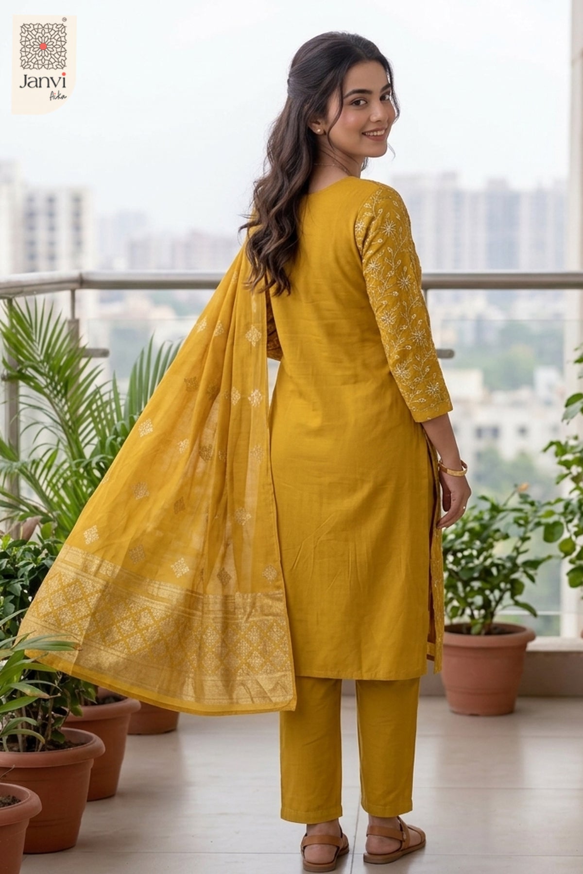 Mustard Yellow Garden Vine Embroidered Round Neck Kurti