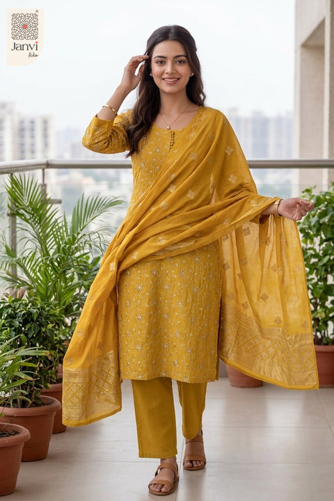 Mustard Yellow Garden Vine Embroidered Round Neck Kurti