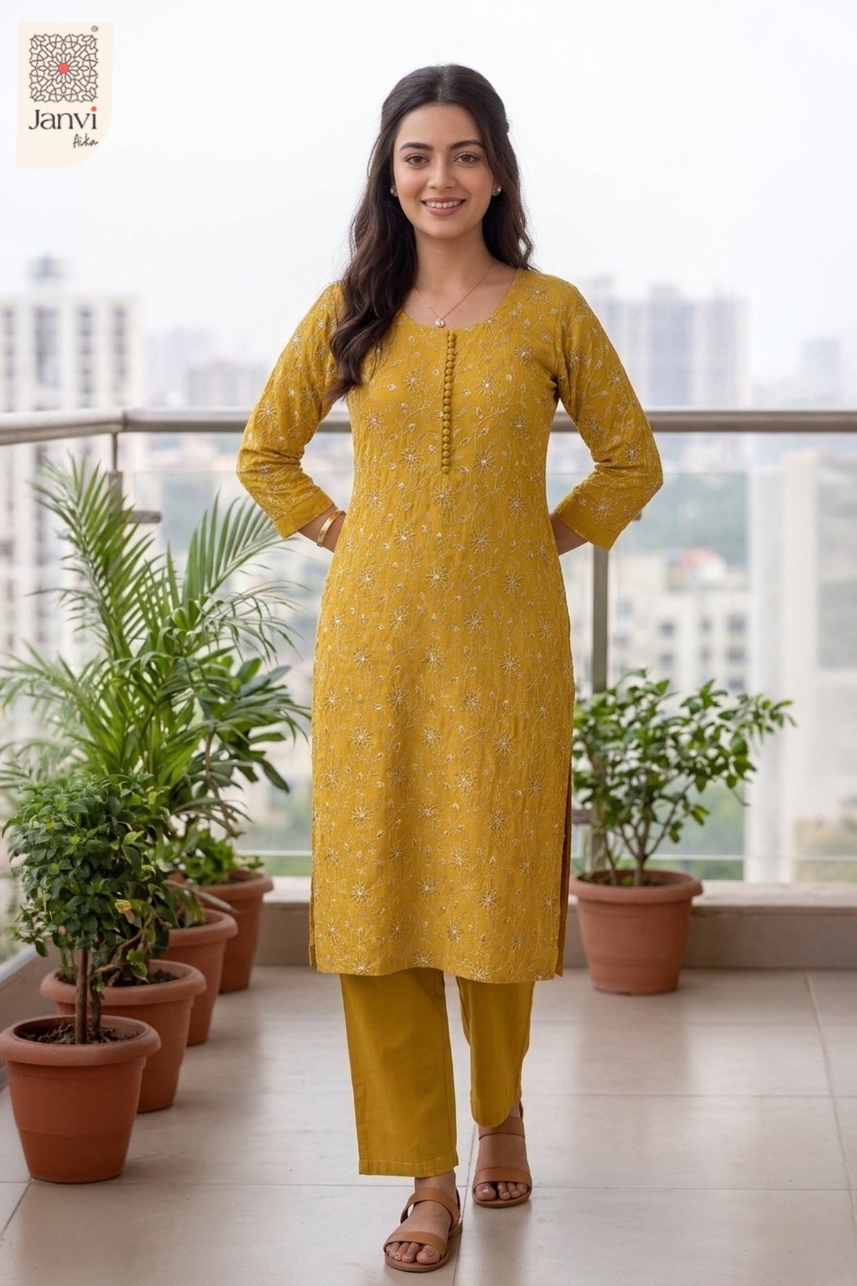 Mustard Yellow Garden Vine Embroidered Round Neck Kurti