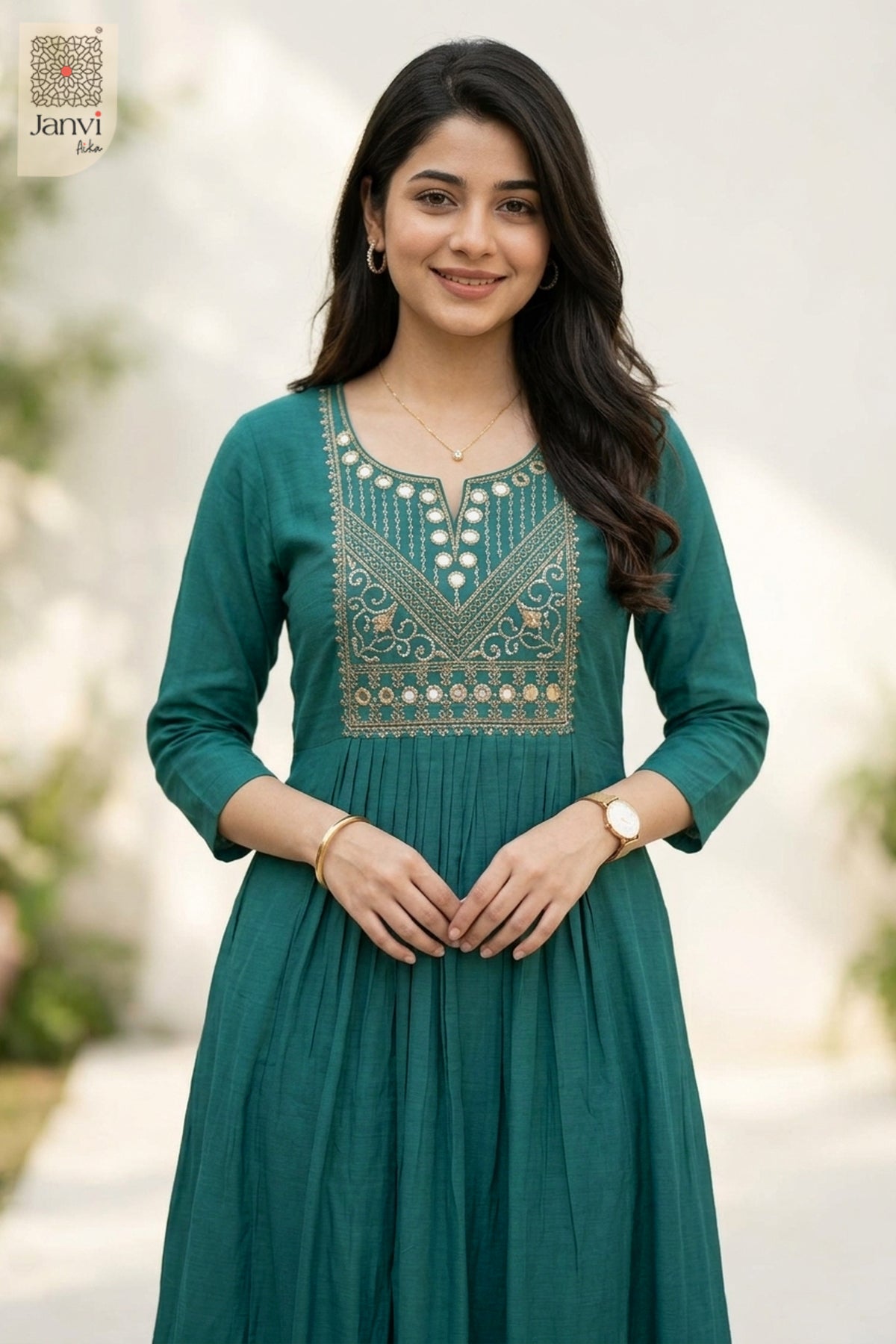 Smiling portrait of model in dark cyan party wear tops for women with fine embroidery