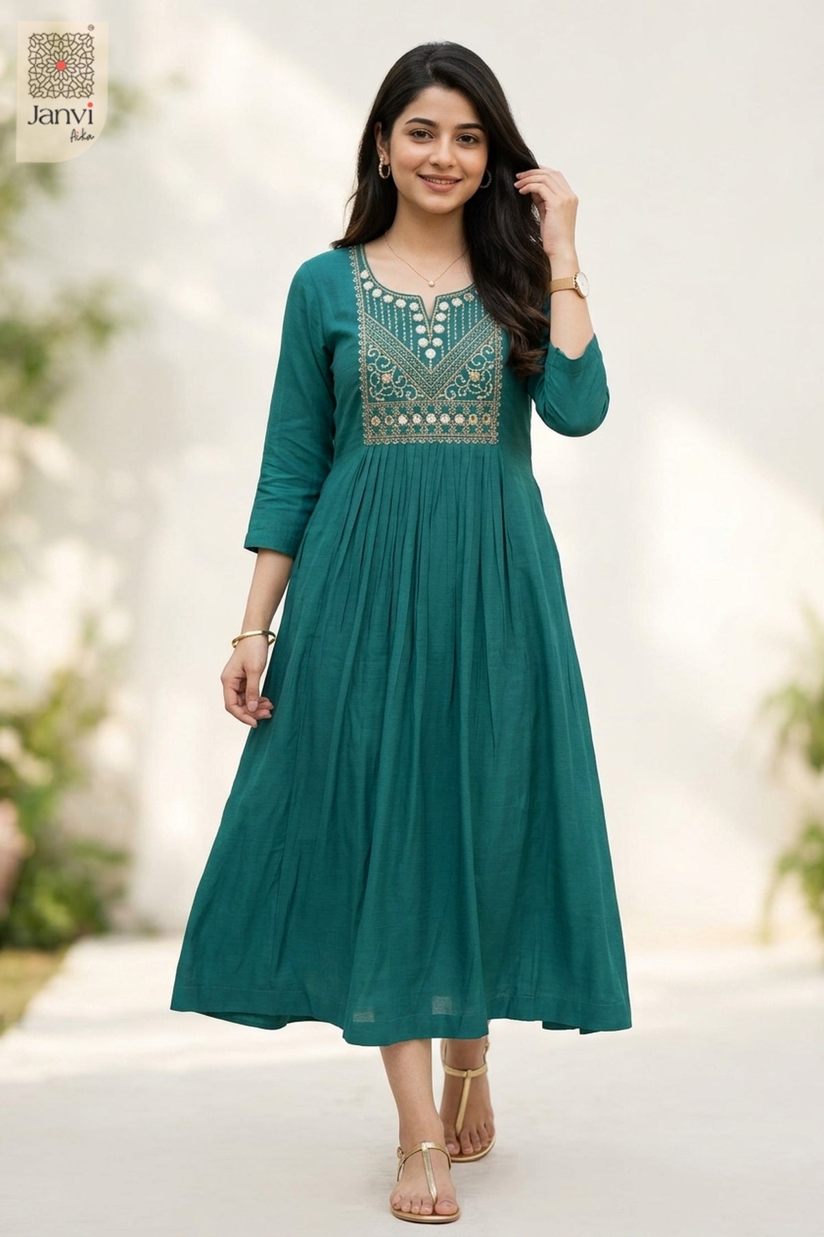 Mid-length front view of dark cyan long tunic tops for women with rich embroidered yoke