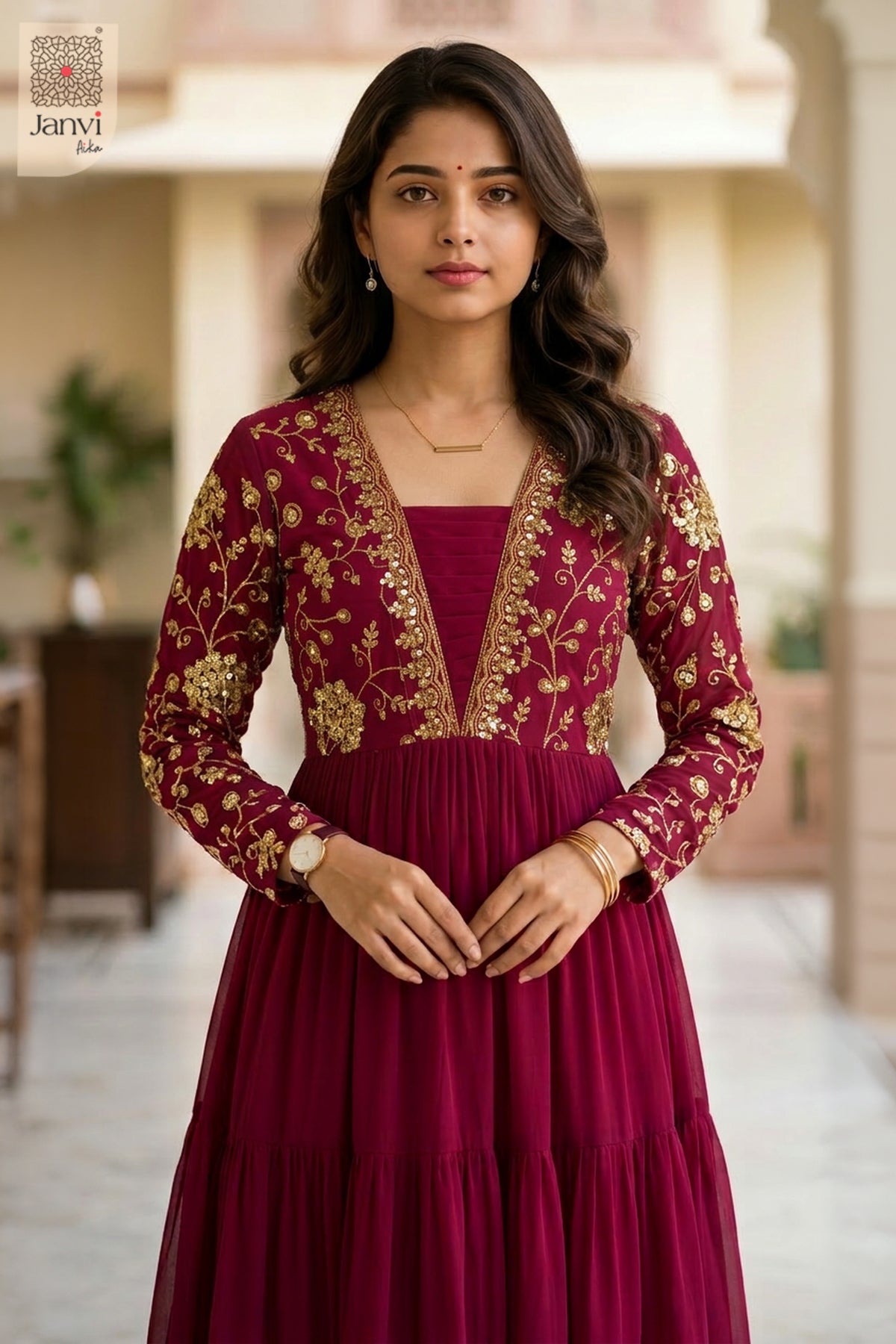 Waist-up front view of Noorza Crimson Grace presenting style for long anarkali dress with dupatta.