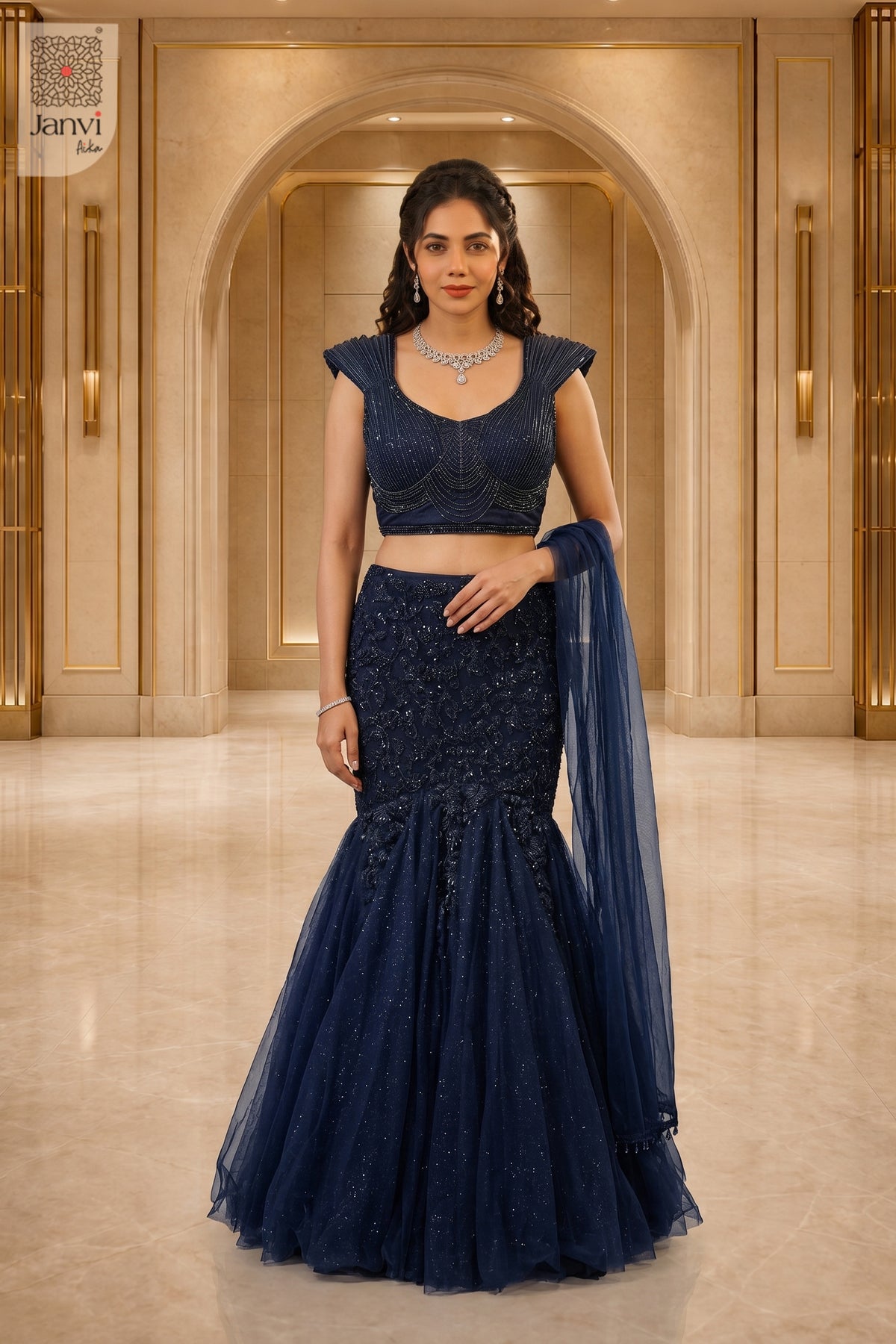 Elegant navy net work lehenga featuring a detailed front full standing shot for festive occasions.