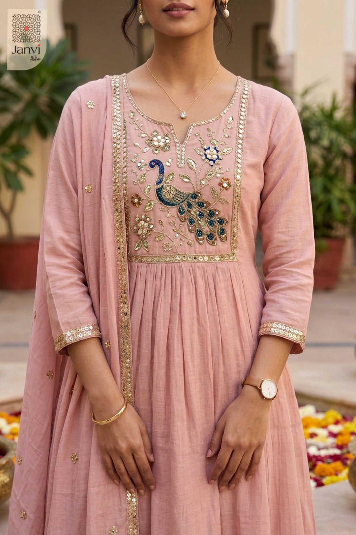 Nude Pink Atelier Peacock Embroidered Notch Neck Anarkali