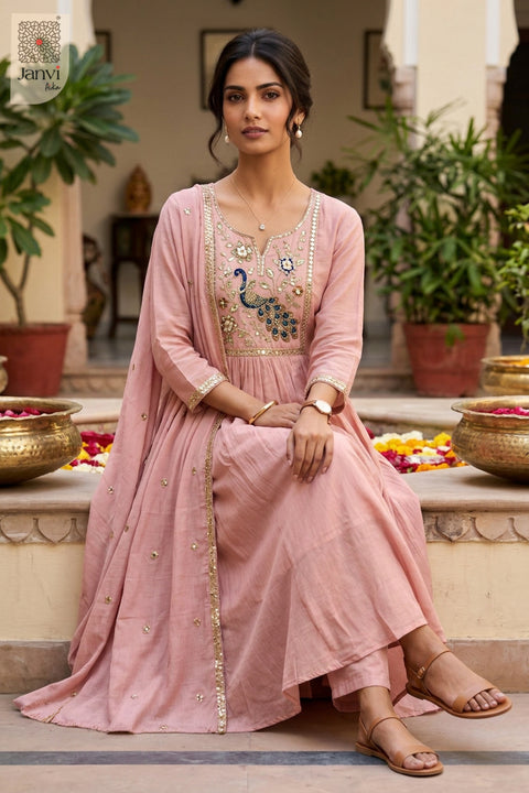Nude Pink Atelier Peacock Embroidered Notch Neck Anarkali