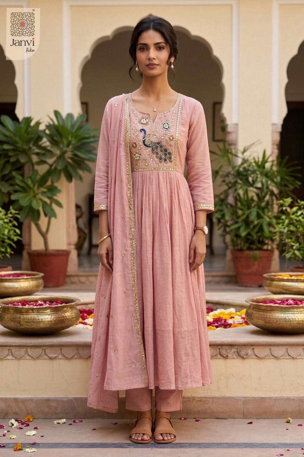 Nude Pink Atelier Peacock Embroidered Notch Neck Anarkali