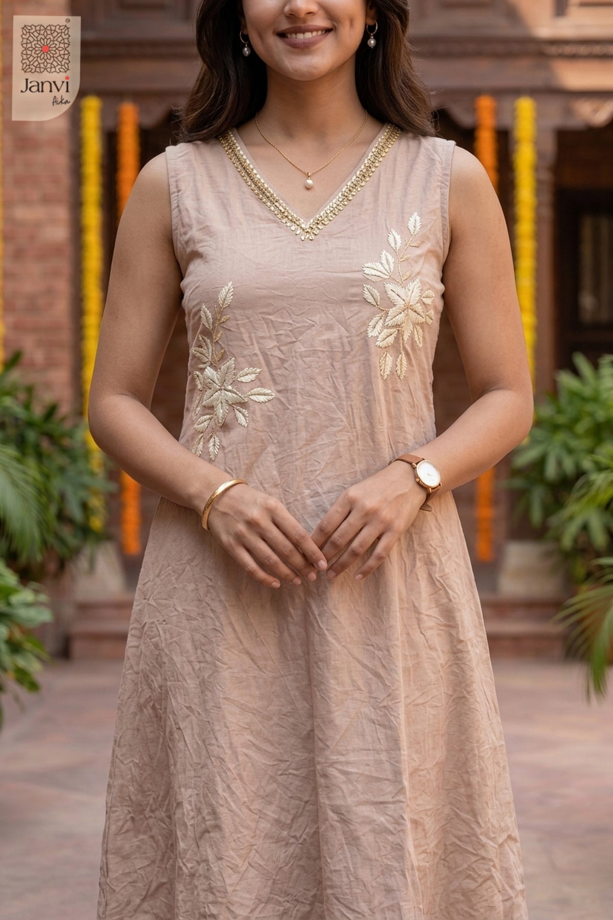 Nude Floral Mirror Work - V Neck Set