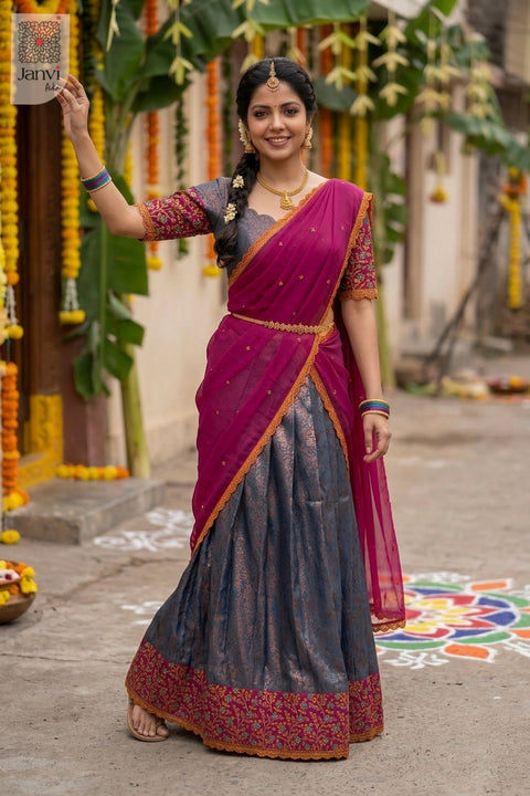 Side profile view of Ocean Orchid showcasing design for party wear dress for women saree.