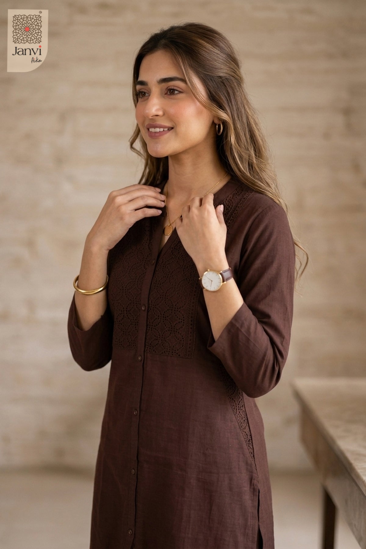Three-quarter view of Orchid Veil from the 2 piece outfits for ladies range with elbow sleeves.