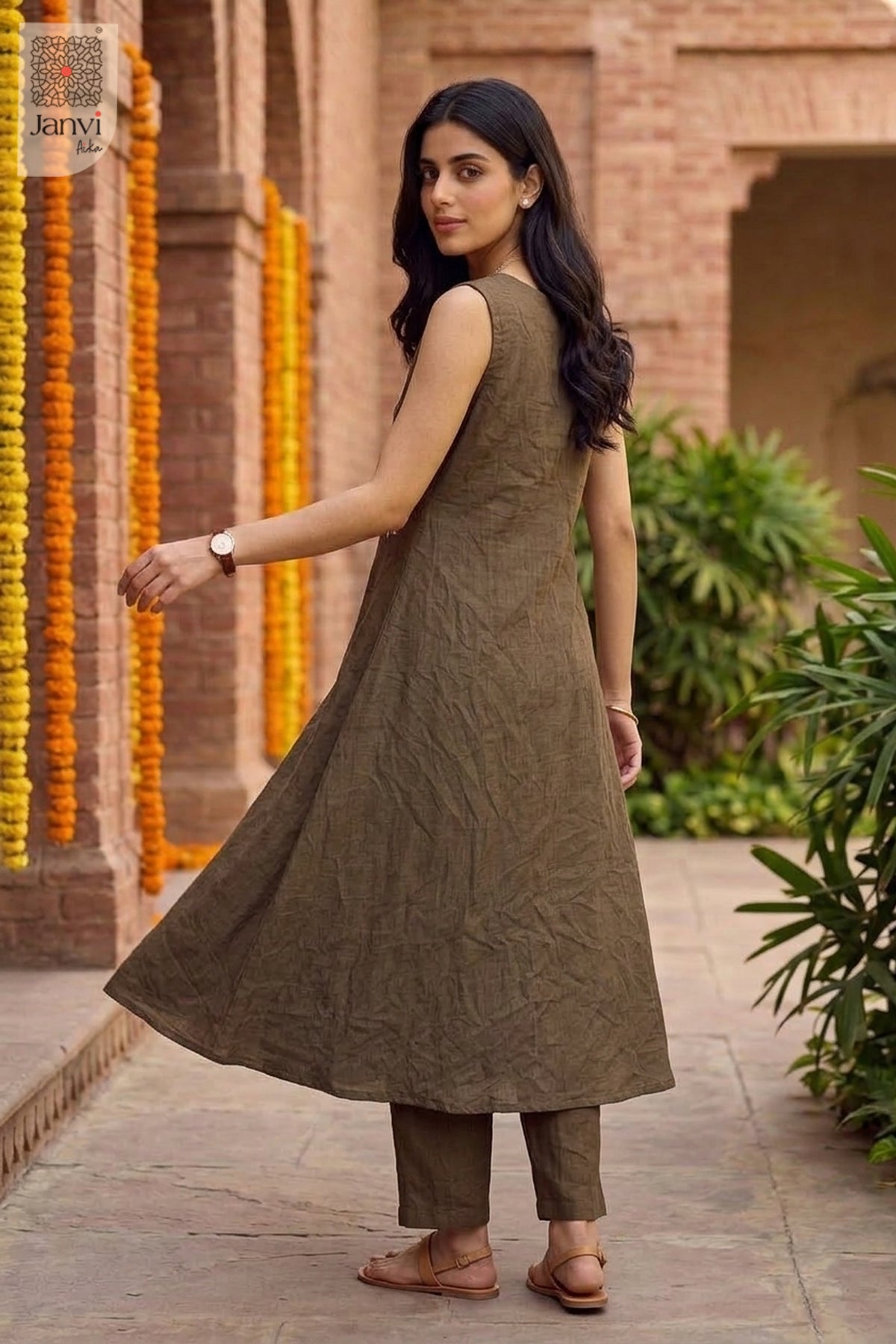 Olive Imperial Mirrorwork Floral Kurta