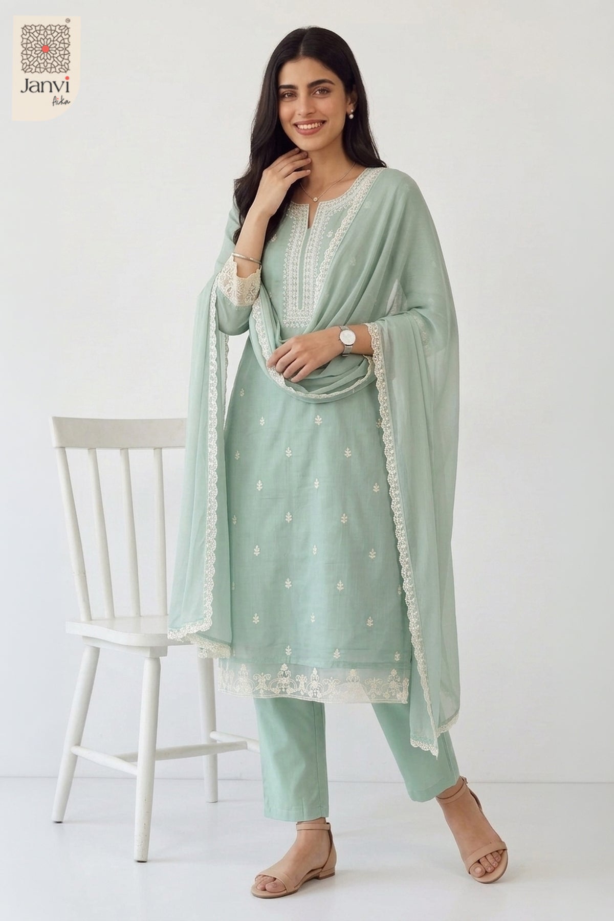 Standing studio portrait highlighting tailored fit of a lavender churidar set readymade.