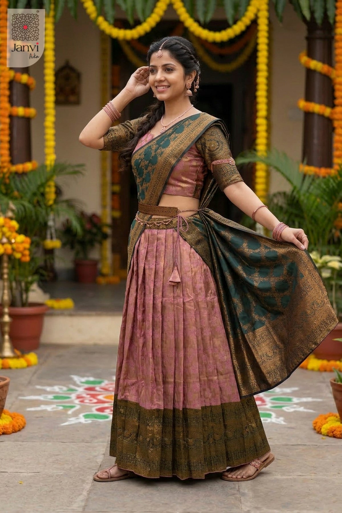 Side profile view of Pankhuri showcasing design for south indian style lehenga online shopping.