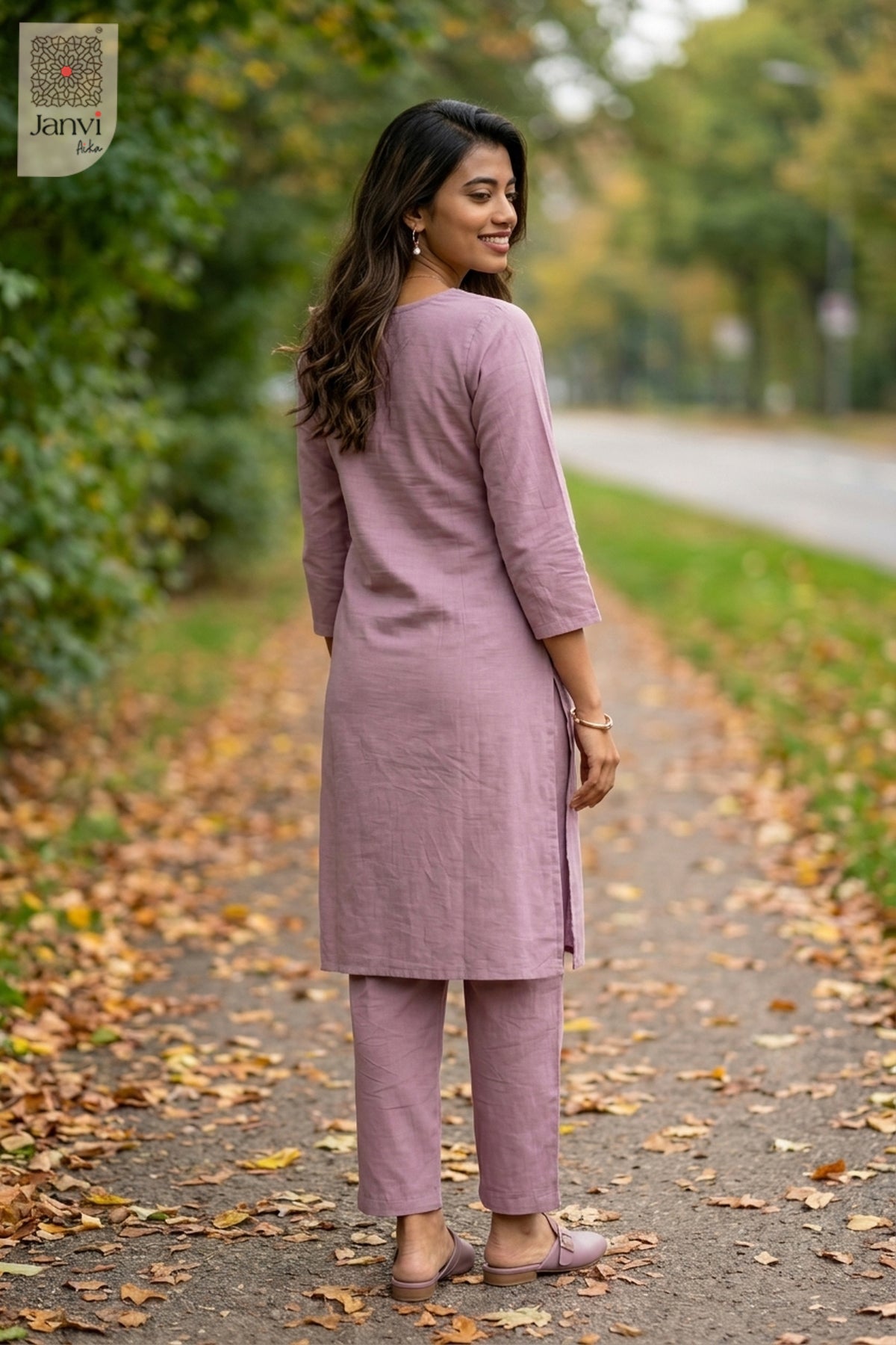Back view of Petal Poise in dark pink mulmul cotton from the 2 piece outfits for ladies range.