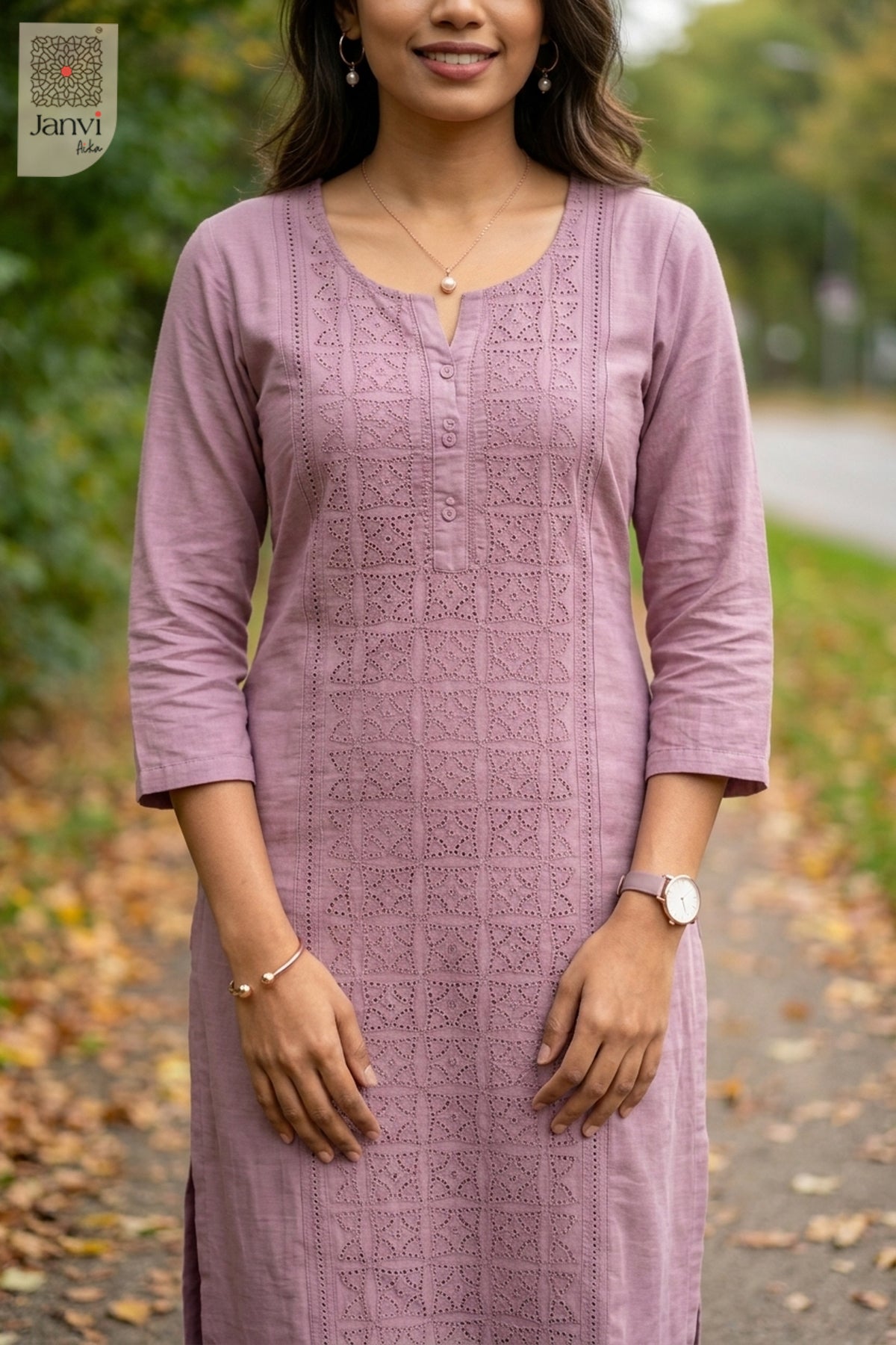 Front close-up of Petal Poise from the 2 piece outfits for ladies range and tonal embroidery.