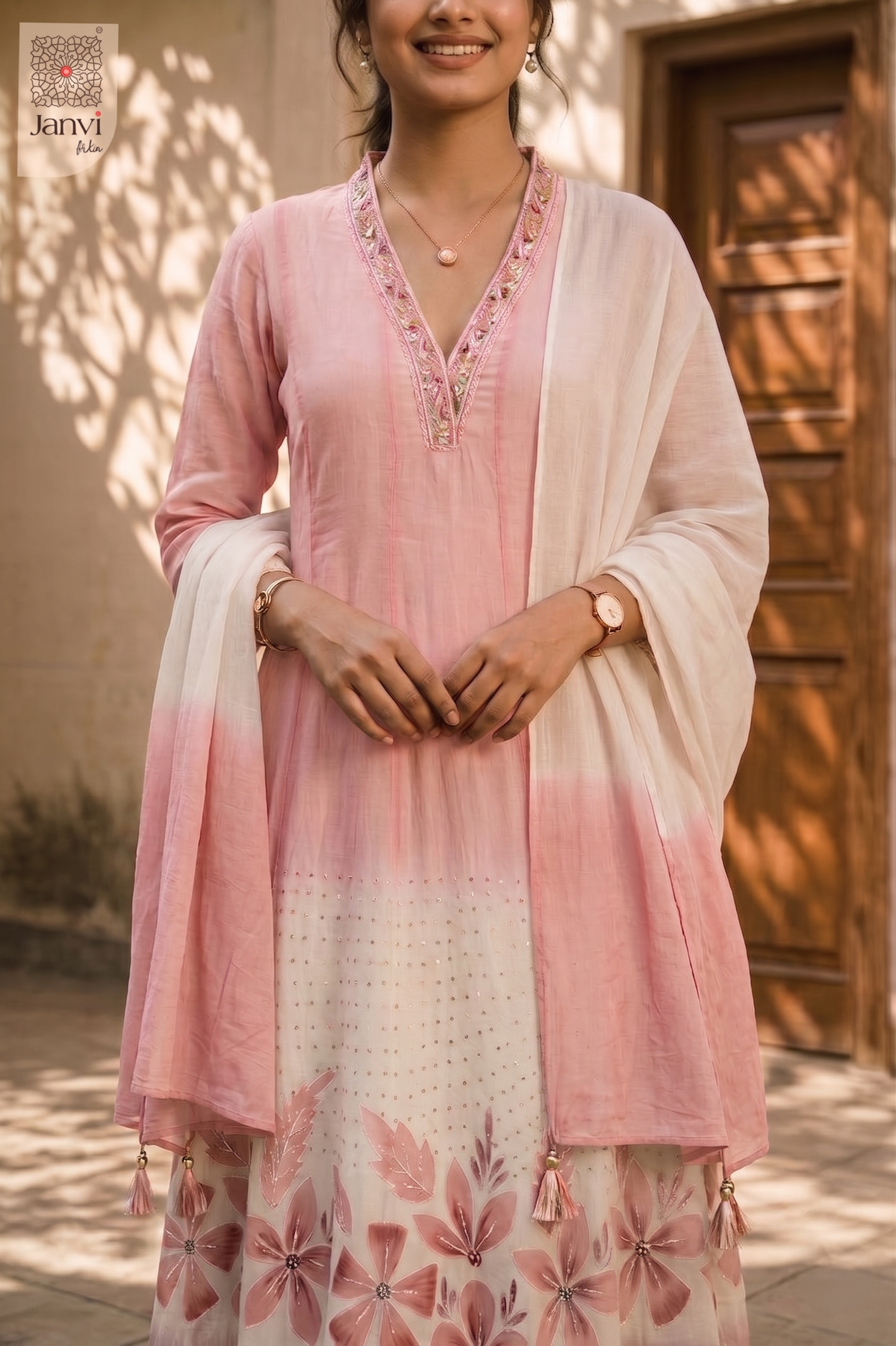 Close-up of bodice and embroidery of Petal Mist for silk traditional dress for women.