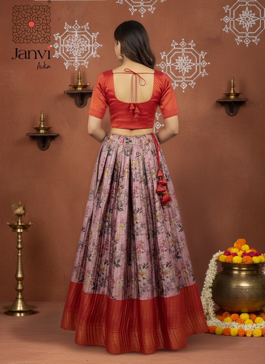 Pink Floral Half Saree Lehenga Set with Rust Silk Blouse & Contrast Pallu