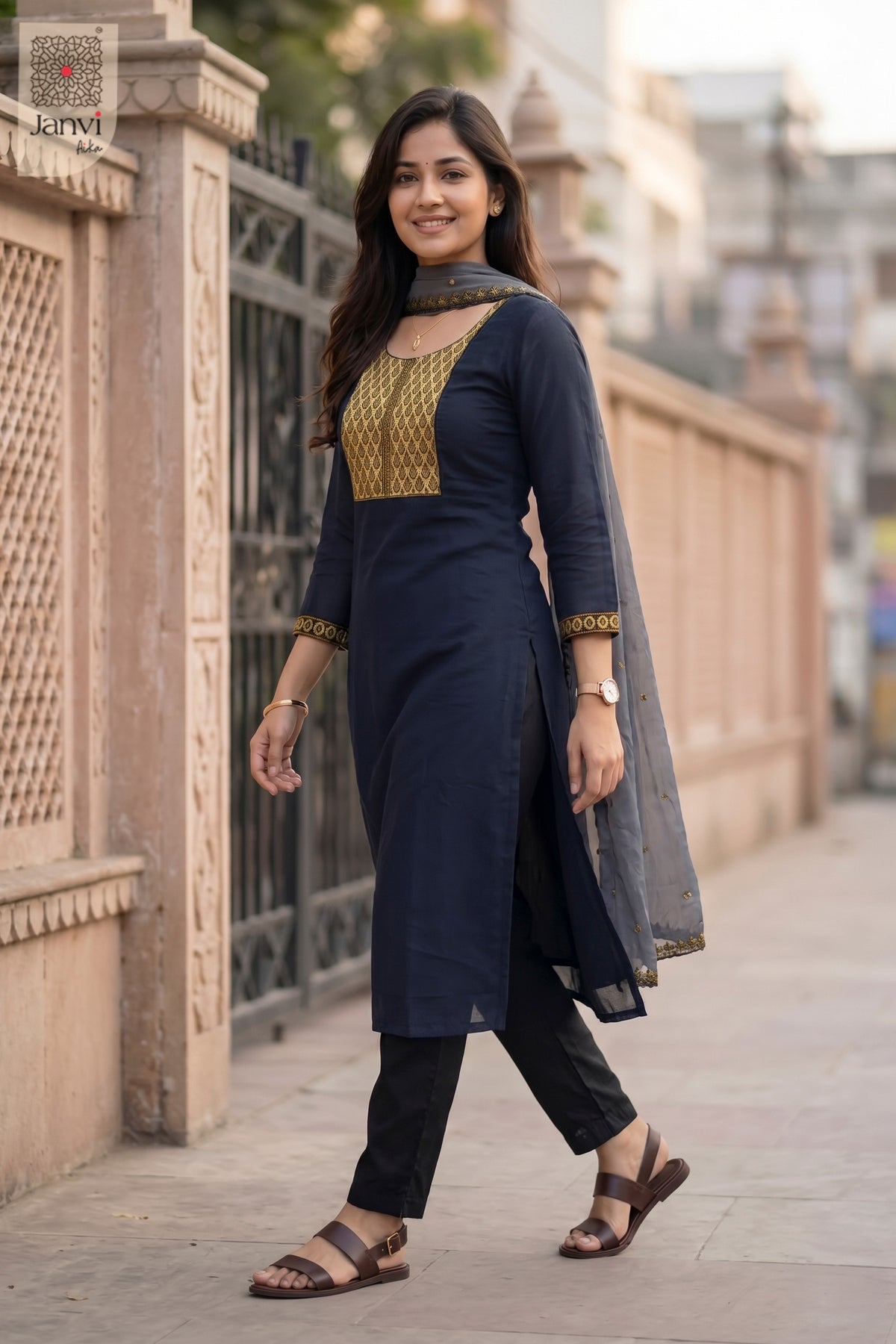 Side profile view of Royal Neelam showcasing design for women's fashion online shopping.