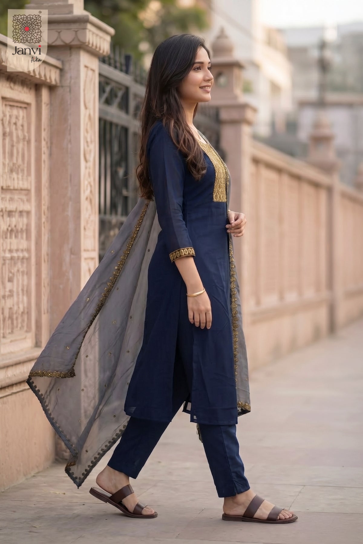 Front angled view of the flared silhouette of Royal Neelam for indo western dresses for female.