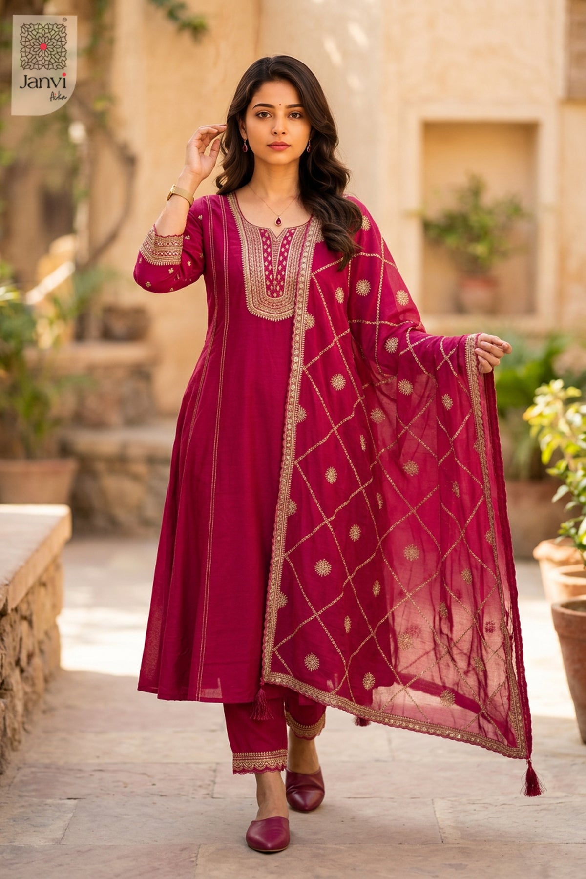 Waist-up front view of Royal Rani presenting style for designer dress for women party wear.