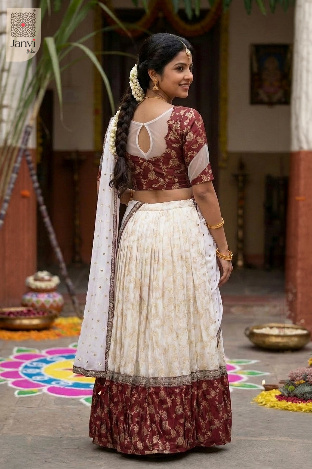 Rear full standing shot of a half saree as a beautiful wear lehenga saree for weddings.