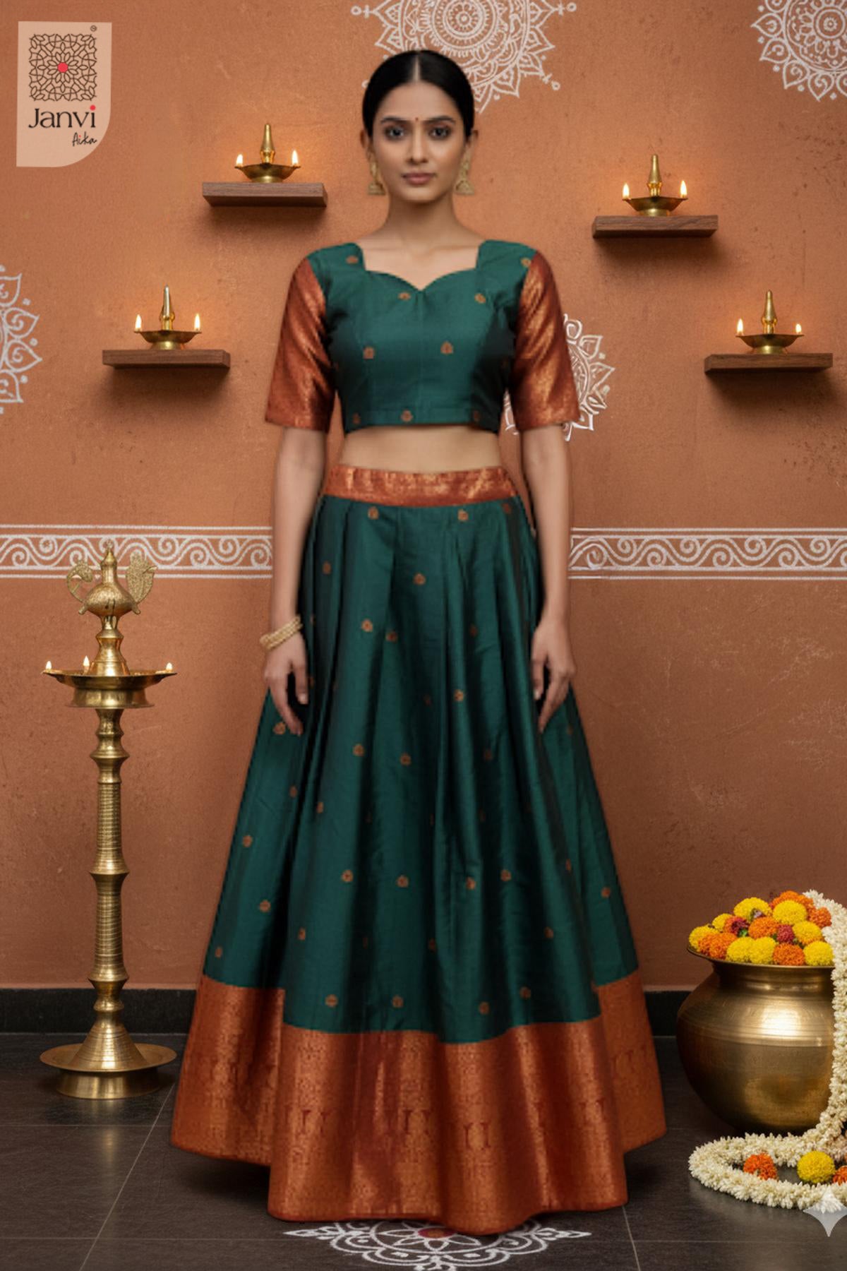 Rajasi Teal & Maroon Heritage Silk Half Saree Lehenga Set