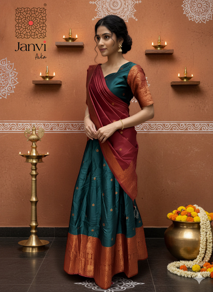 Rajasi Teal & Maroon Heritage Silk Half Saree Lehenga Set