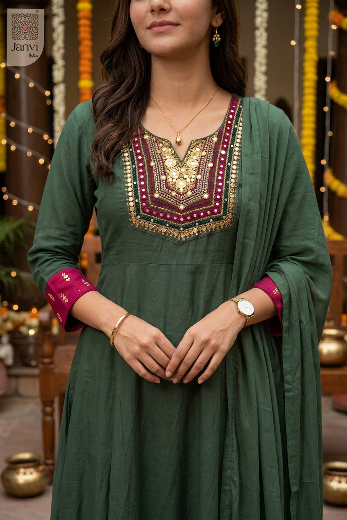Rangrez Mirrorwork Notch Neck Anarkali