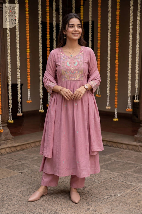 Rose Folkcanvas Embroidered Round Neck