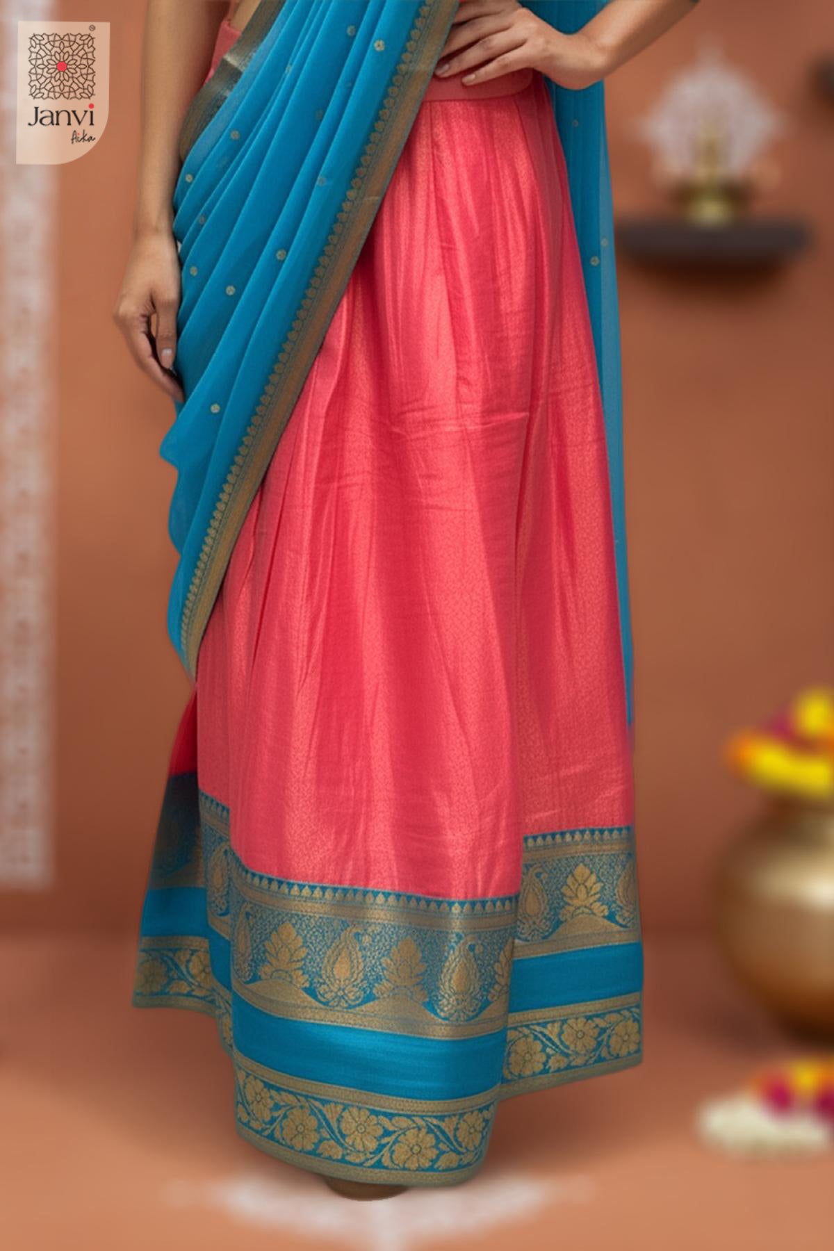 Back view showing neckline styling of Rose Lagoon Half Saree for women's clothing stores near me.