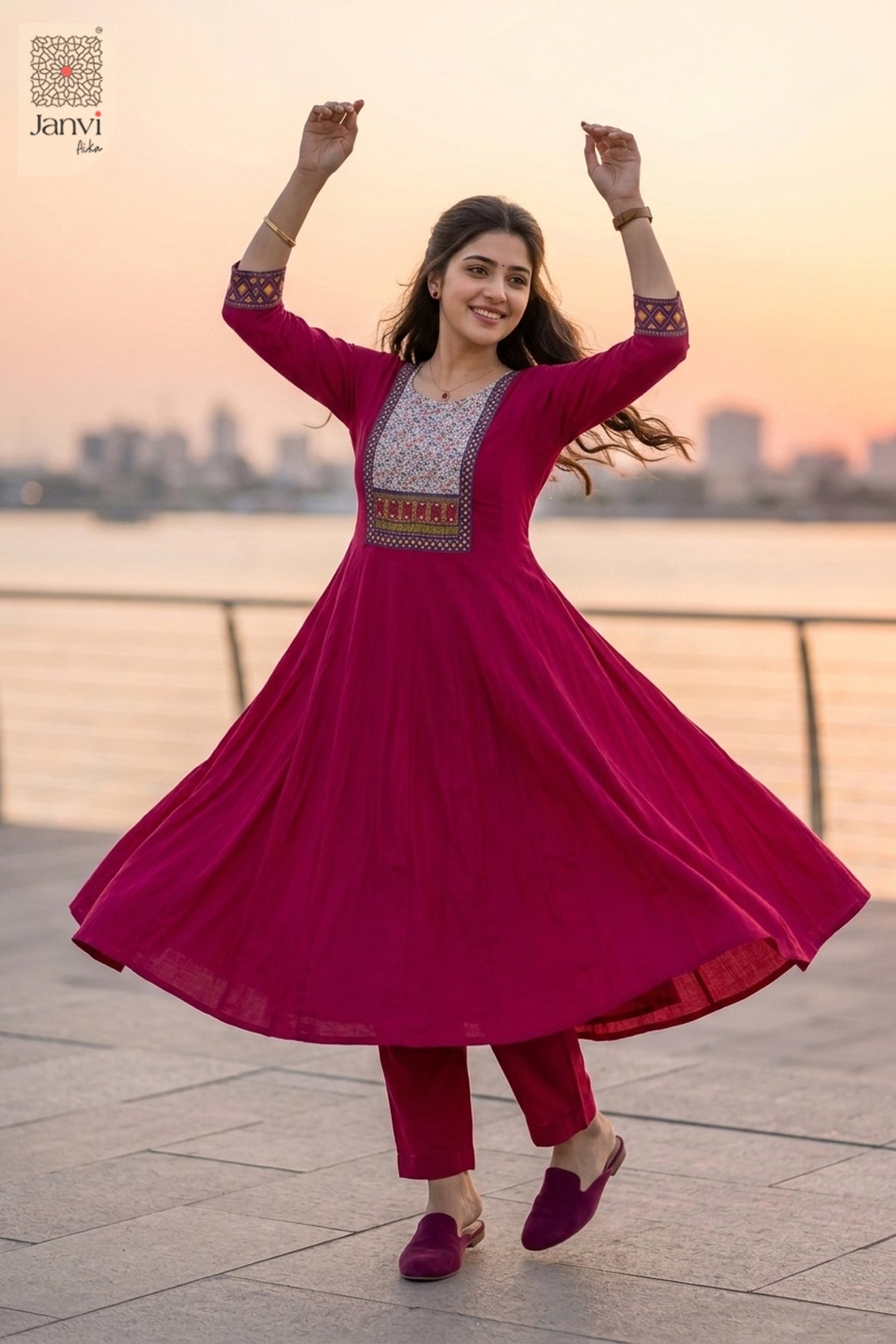 Full twirling flare motion showing the pink flare of a georgette anarkali dress.
