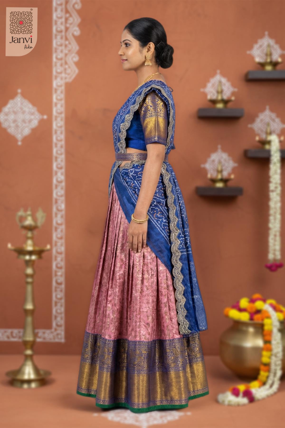 Back view showing neckline styling of Royal Bloom Half Saree for party wear dress for women lehenga.