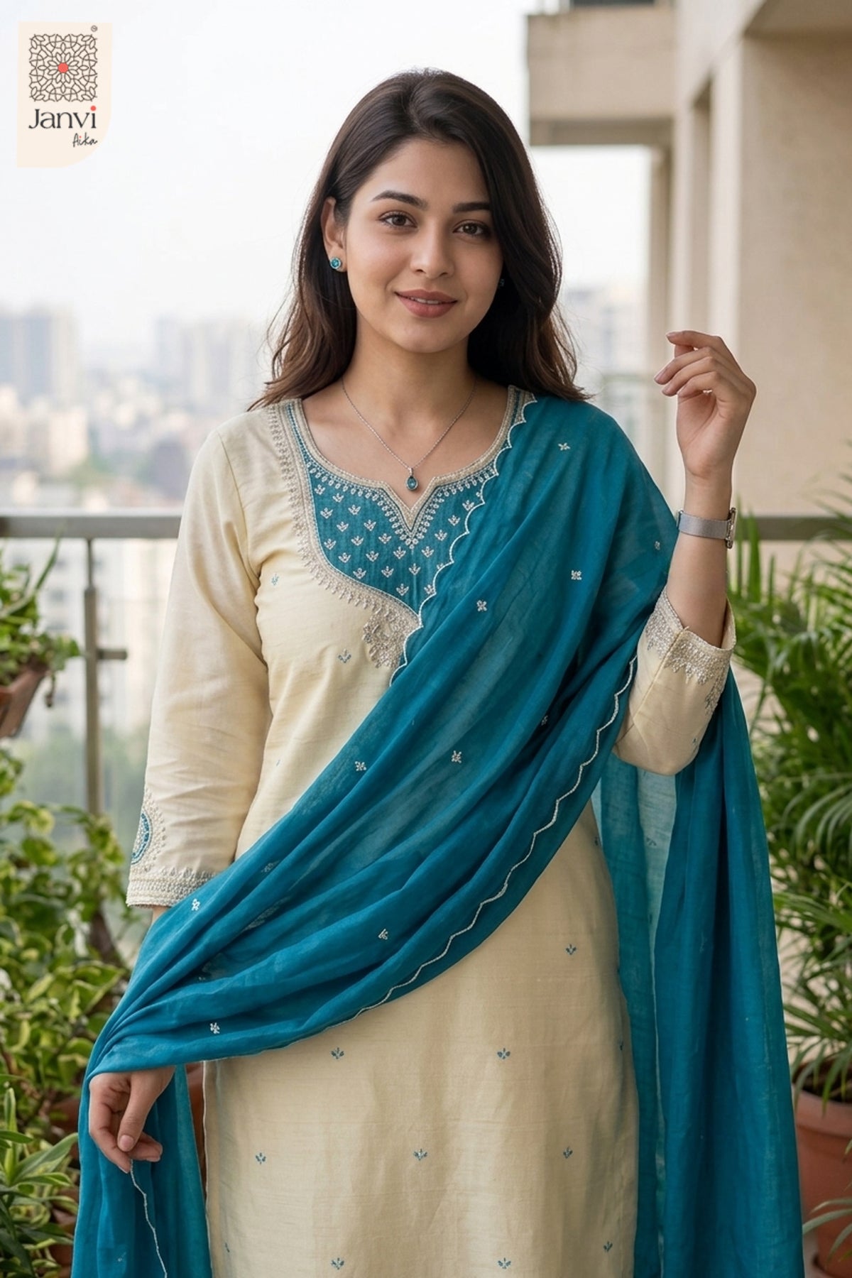Royal Heritage Embroidered Chudidhar – Teal Blue