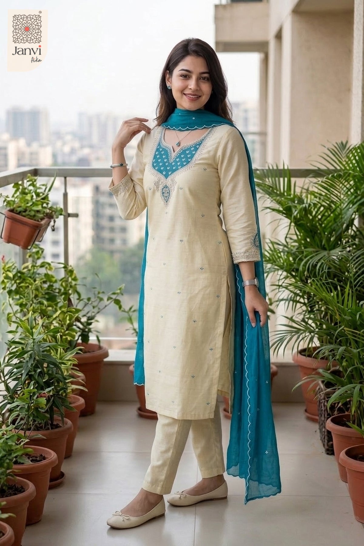 Royal Heritage Embroidered Chudidhar – Teal Blue