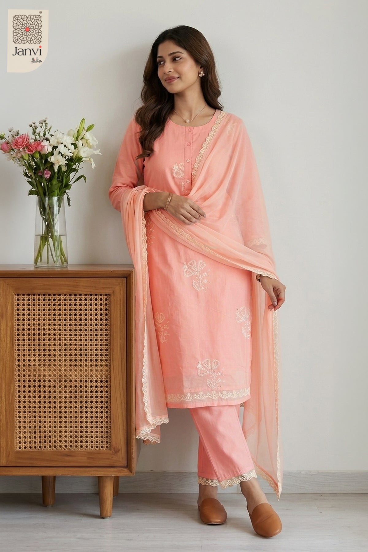 Indoor pose resting hand on a wooden cabinet in a peach floral silk churidar set.