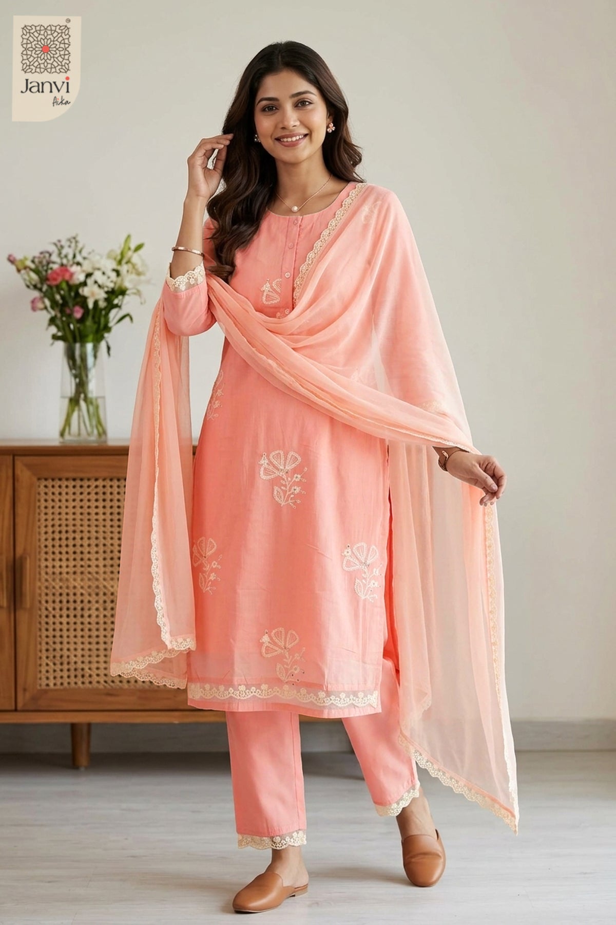 Standing indoor pose gathering sheer scalloped scarf in a peach churidar set with dupatta.