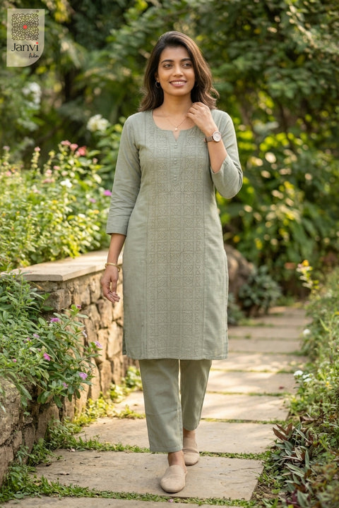 Walking view of Sage Sernity from the 2 piece outfits for ladies collection with elbow sleeves.