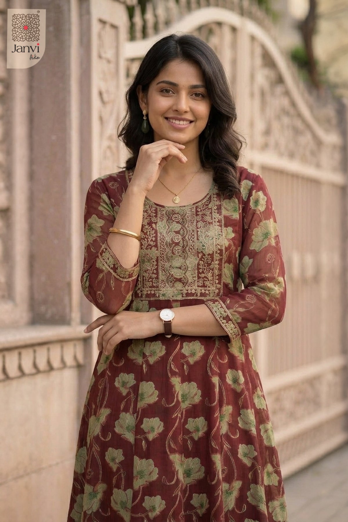 Close-up of bodice and embroidery of Scarlet Soul for best birthday outfits for ladies.